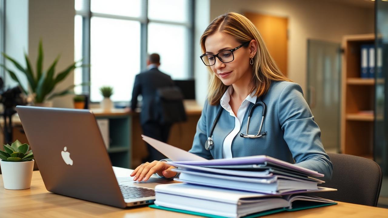 Credentialing coordinator organizing provider enrollment paperwork beside a laptop