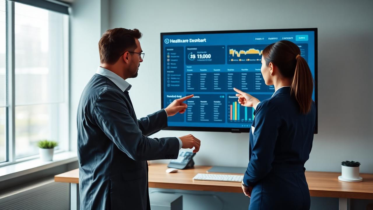 Two revenue cycle specialists discussing a denied claims dashboard on a wall monitor