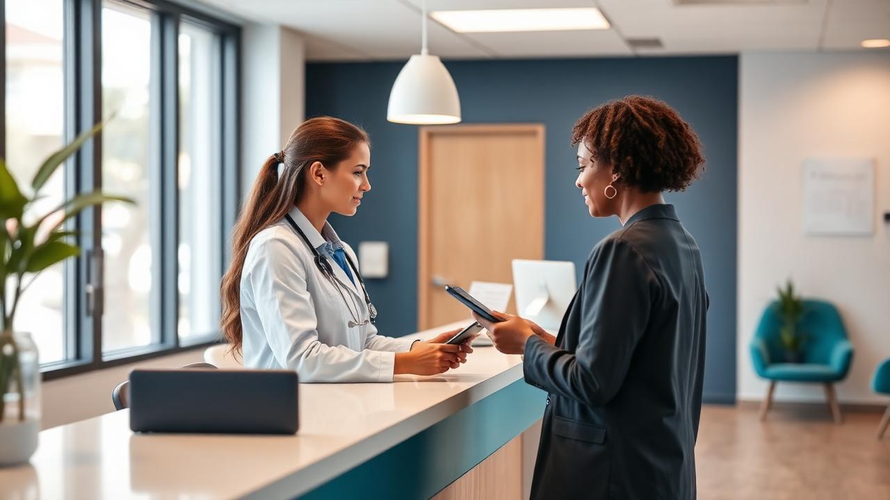 Front desk staff member verifying a patient's insurance coverage at a modern medical practice reception