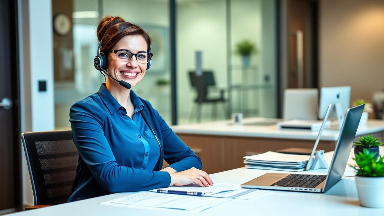 Patient billing coordinator on a headset call with patient statements on the desk