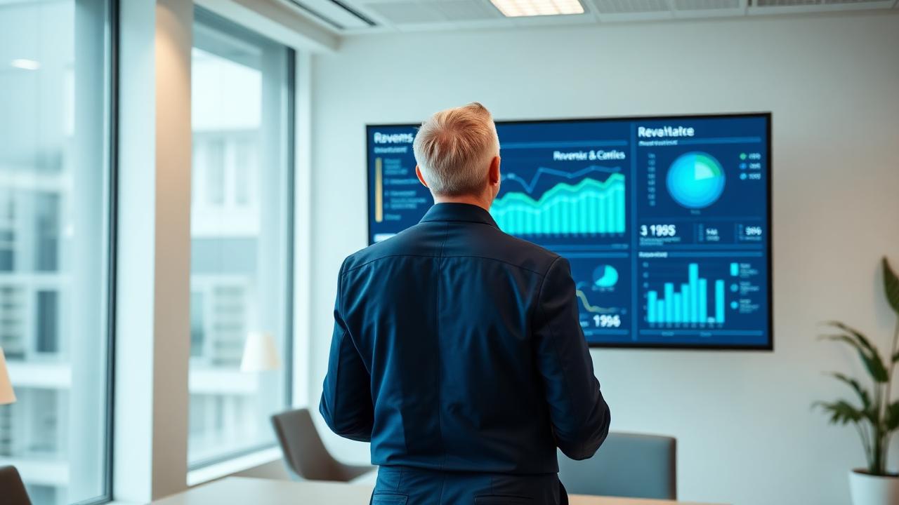 Healthcare administrator reviewing a revenue analytics dashboard with charts on a large screen